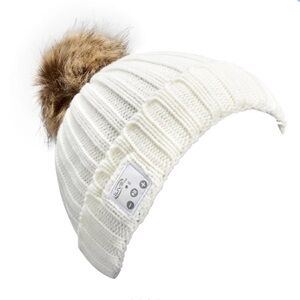 708 Wireless earbuds Knit Cap with Faux Fur Pom - Cream